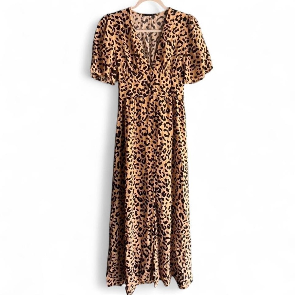 Leopard Print Deep V Midi Dress Flutter Sleeve Satin Tan Black Size S Boho